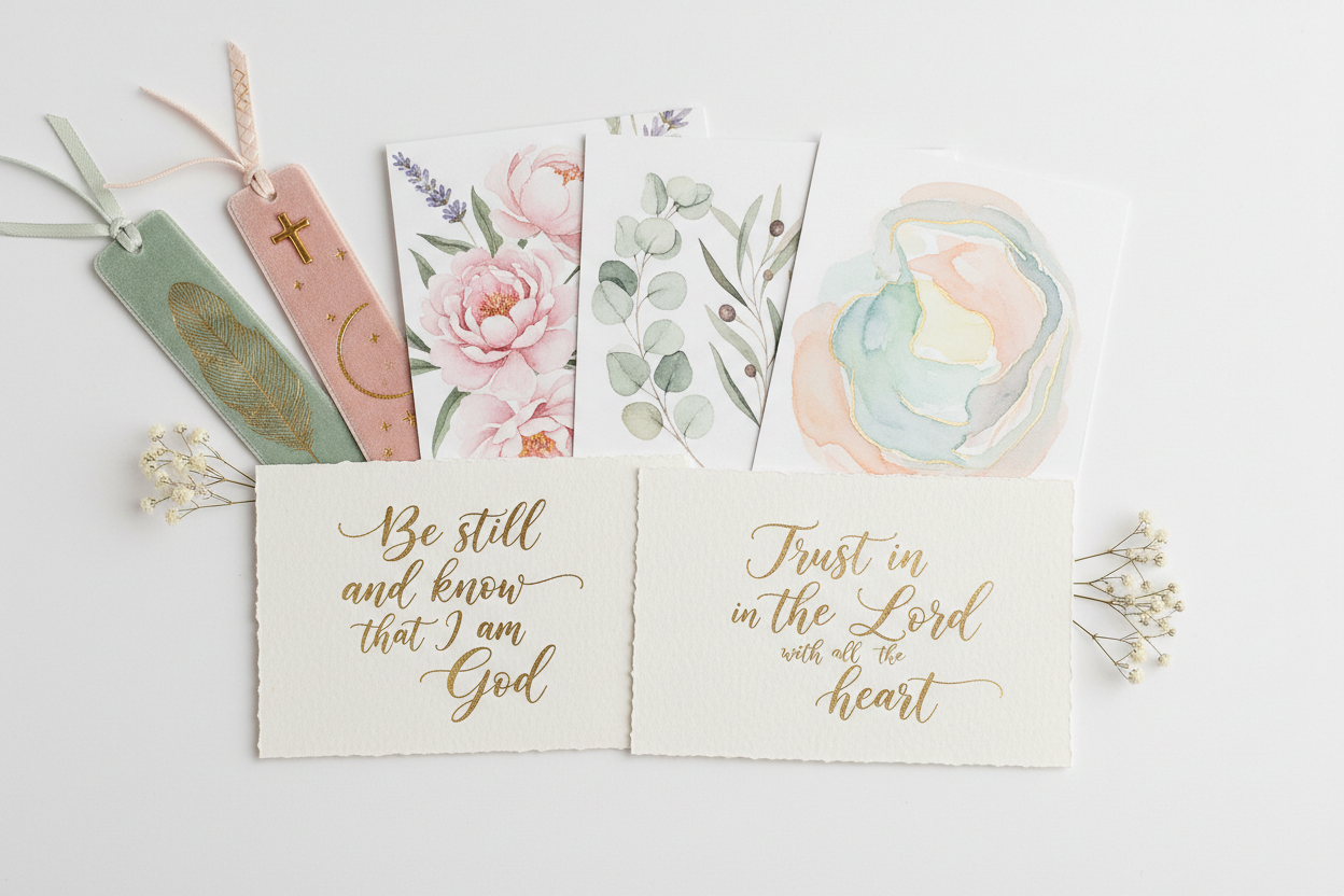 Layered scripture cards and bookmarks hero banner
